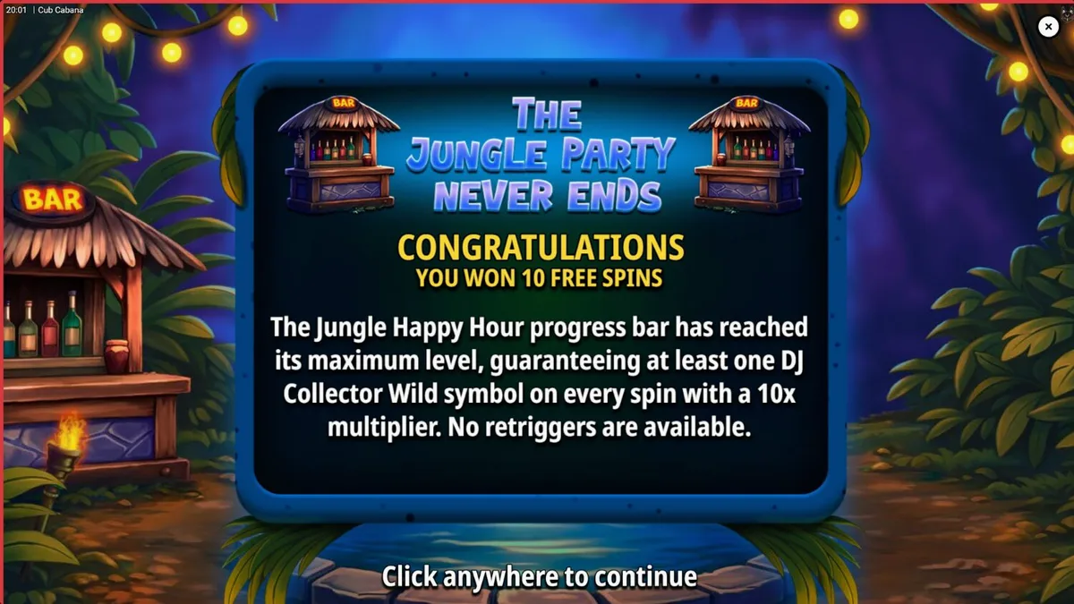 Pemandangan pesta tropis di slot Cub Cabana dengan simbol musik dan koktail.
