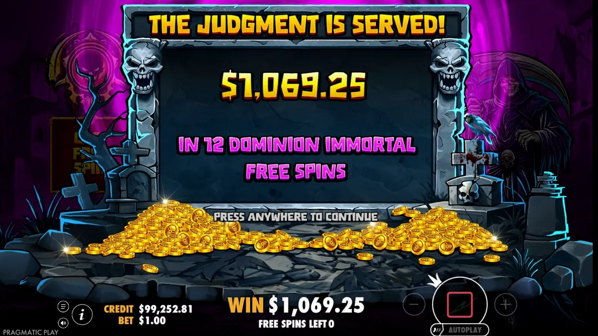 Tampilan visual slot Death Dominion dengan tema gothic dan Grim Reaper